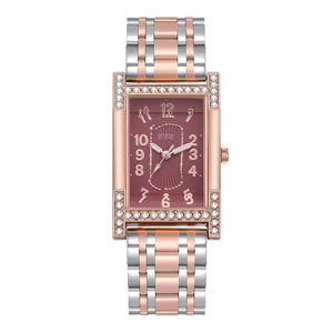Women's quartz watch with rectangular rose gold diamond case and two-tone steel strap