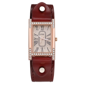 Elegant ladies square quartz watch with red leather strap and rhinestone rose gold H case