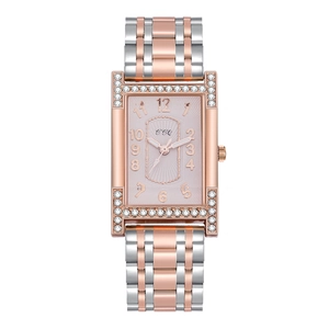 Women's rectangular quartz watch with crystal bezel and two-tone stainless steel band