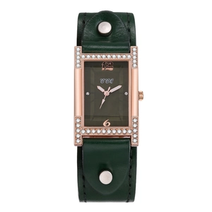 Fashionable women's square quartz watch with rose gold diamond case and green leather strap