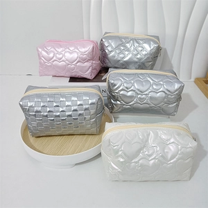 Set of quilted PU waterproof makeup bags in metallic pink, silver and white finishes