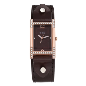 Women's vintage rectangular quartz watch with rhinestone H-case and brown leather strap