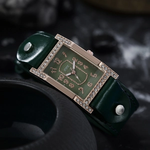 Fashionable dark green leather strap watch with rose gold H-shaped rhinestone bezel