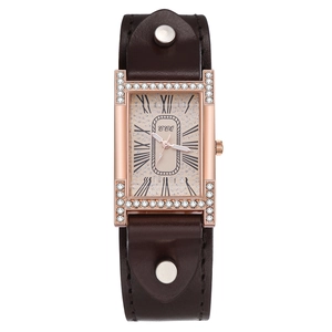 Vintage square rose gold quartz watch with rhinestones and wide brown leather strap