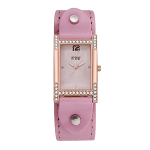 Detailed macro view of square rose gold watch case with crystal bezel and pink leather strap