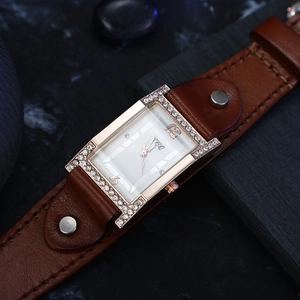 Elegant women's rectangular quartz watch with diamond bezel and brown leather strap
