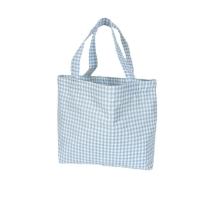 Blue and white gingham canvas tote bag with large capacity and soft fabric texture