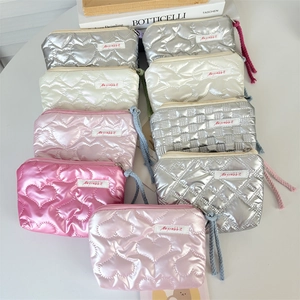 Heart Quilted PU Leather Coin Purse Mini Cosmetic Makeup Bag With Braided Strap Small Zip Pouch For Women Girls
