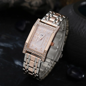 Elegant rectangular women's watch with rose gold bicolor steel strap and crystal bezel