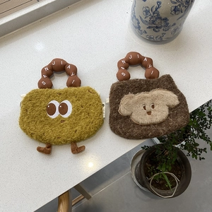 Creative cartoon plush handbags in green and brown with cute embroidered eyes and puppy design