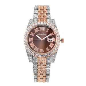 Luxury gold-silver steel watch with crystals, Roman numerals, and date window