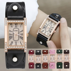 Women's rectangular quartz watch with rhinestone rose gold case and wide leather band
