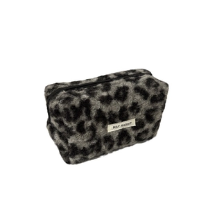 Gray leopard print faux fur makeup bag with soft plush texture and zipper closure