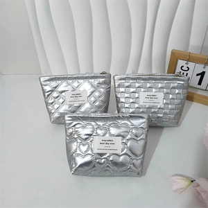 Silver quilted heart pattern PU cosmetic bags set with chic metallic finish