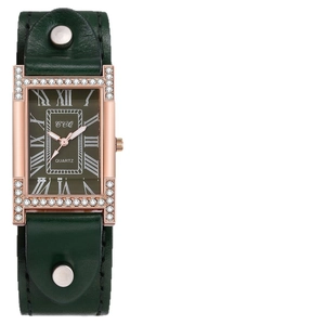 Vintage green leather rectangle quartz watch with rose gold diamond case and Roman numerals