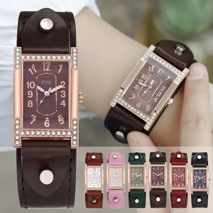 Fashion women's H-shaped watch with diamond bezel and wide leather rivet strap in six colors