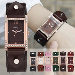 Women's vintage rectangular quartz watch with rhinestone accents and studded leather strap