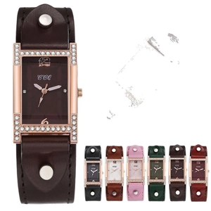 Fashion rectangular quartz watch for women with rhinestones and wide leather rivet strap