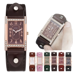 Retro rectangular rhinestone quartz watch with studded leather strap in six color options