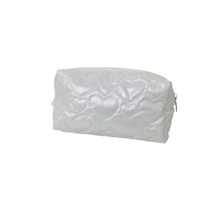 Quilted heart pattern large capacity waterproof PU makeup bag with metallic finish