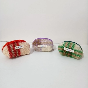 Three plush plaid shell coin purses in red, purple and green fuzzy lamb fleece