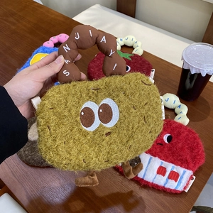 Cute green plush cartoon handbag with soft lamb wool texture and brown handles