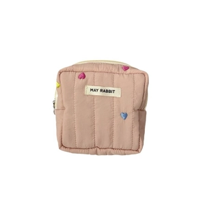 Quilted pink cosmetic bag with colorful heart embroidery and top zipper closure