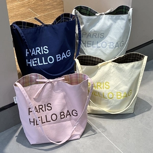 Women Large Capacity Tote Bag Nylon Letter Print Plaid Lining Casual Urban Shoulder Bag With Tie Closure