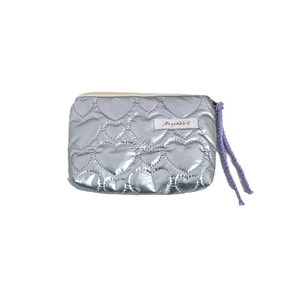 Quilted silver heart-pattern PU leather coin purse with purple woven zipper pull strap