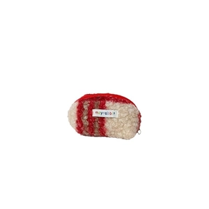 Mini plush shell pouch with red and brown stripes and teddy fleece texture