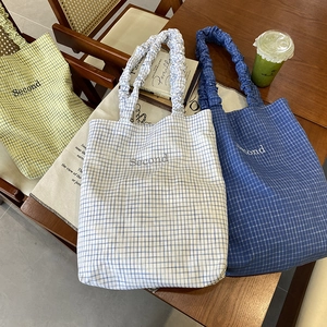Borsa Tote In Tela Di Cotone A Scacchi Stile Coreano Con Tracolla Arricciata Grande Capacità Borsa A Mano Gingham Dolce