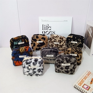 Plush Small Square Storage Bag Soft Sherpa Leopard Print Mini Cosmetic Pouch Coin Purse Zipper Portable Travel Organizer