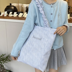 Borsa tote in tela a quadretti blu con tracolla arricciata e ricamo per donna