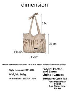 Detailed size chart for beige cotton linen tote bag with bow straps and internal pockets