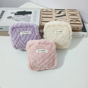 Cute plush Chinese knot square pouches in purple, cream, and pink with soft rabbit fur texture
