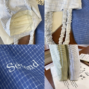 Borsa tote in tela a quadretti con manici arricciati e ricamo Second in vari colori