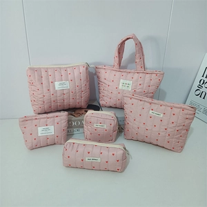 Pink quilted organizer set 6pcs with red heart patterns and soft cotton texture