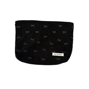 Trousse à maquillage mignonne en velours côtelé noir avec motifs nœuds gris