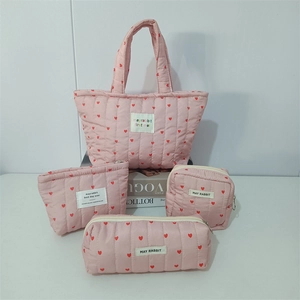 Pink quilted heart print cosmetic bag and pencil case set with carry handle