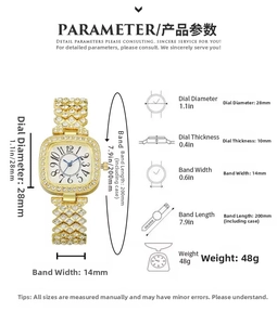 Spécifications de taille pour l'élégante montre femme dorée ornée de cristaux