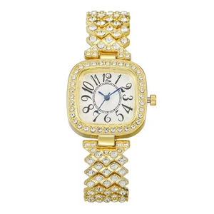 Elegant gold-tone women's quartz watch with full rhinestones and large Arabic numerals