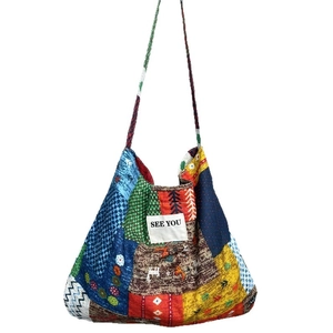 Ethnic floral patchwork shoulder bag with large capacity and 'SEE YOU' patch design