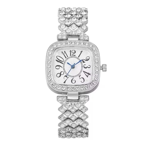Elegant silver quartz watch for women featuring a crystal-encrusted case and bracelet