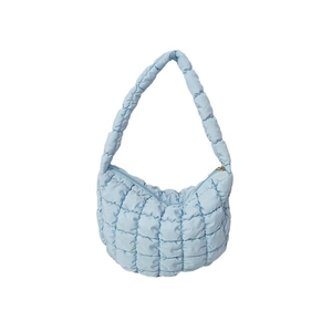 Quilted light blue puffy cloud bag with padded square texture and matching shoulder strap