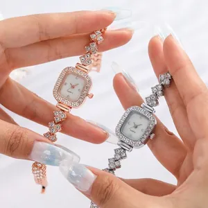 Elegant women's square quartz watch with full rhinestone inlay in rose gold and silver