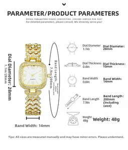 Tableau des tailles pour montre femme carrée sertie de cristaux avec cadran de 28 mm