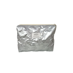 Quilted silver PU leather makeup bag with butterfly embossing and zipper closure