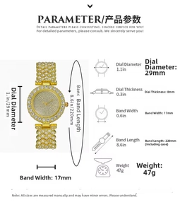 Size chart and dimensions for the luxury rhinestone encrusted gold quartz watch for women