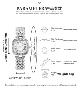 Detaillierte Größentabelle für quadratische Damenuhr mit Diamanten und 28mm Zifferblatt