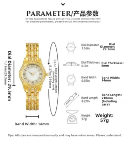 Detailed specs of luxury gold women watch with rhinestone band and roman numerals dial